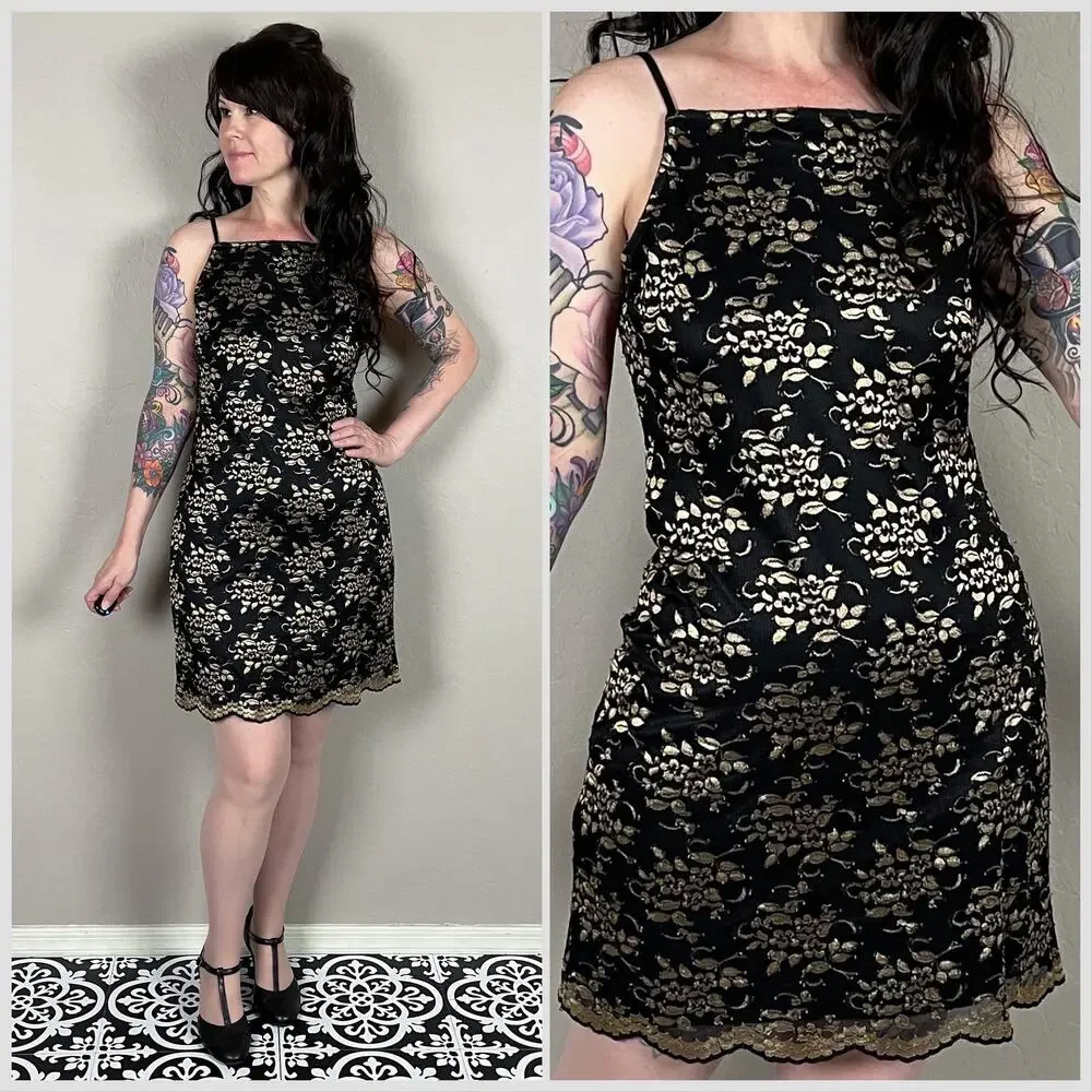Vintage 1990s Black and Gold Lace Sheath Minidress - Picture 1 of 8